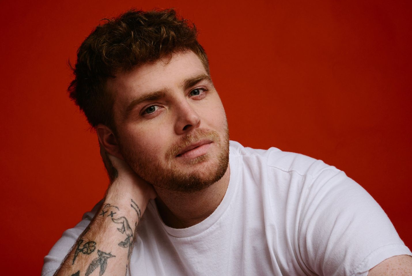 A man in a white tshirt with short brown hair in front of a red background